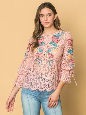 Aratta Dusty Pink Lace Bow Sleeves Embroidered Blouse